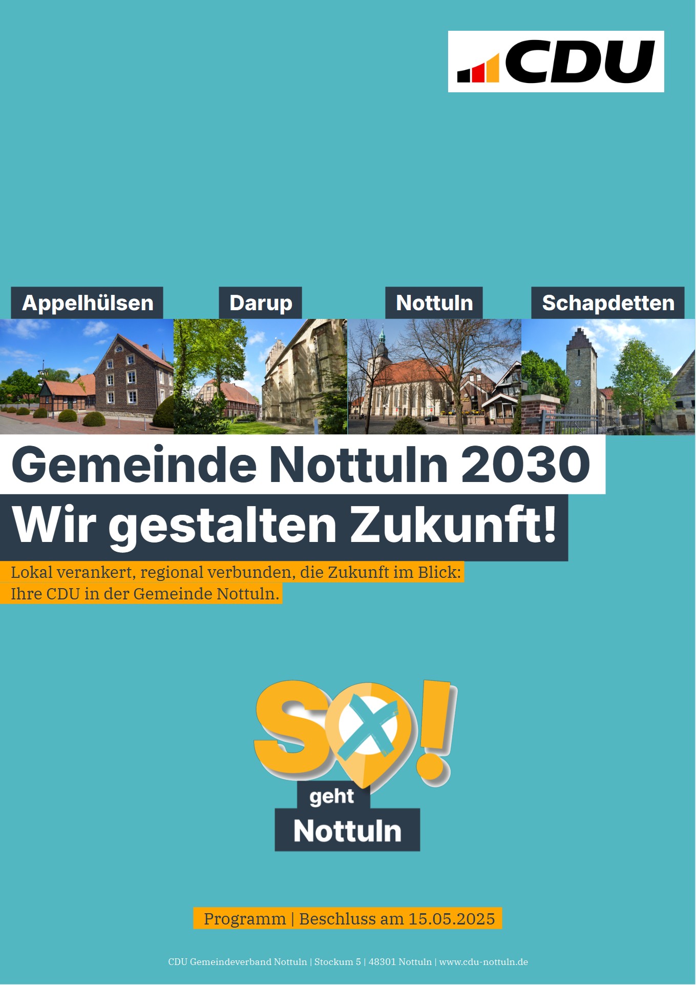 Bild des Deckblatts des Wahlprogramms der CDU Nottuln zur Kommunalwahl 2025 mit dem Titel Gemeinde Nottuln 2030 - Wir gestalten Zukunft!